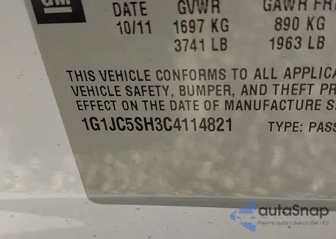 2012 Chevrolet Sonic 2Lt z USA, uszkodzony, nr VIN 1G1JC5SH3C4114821